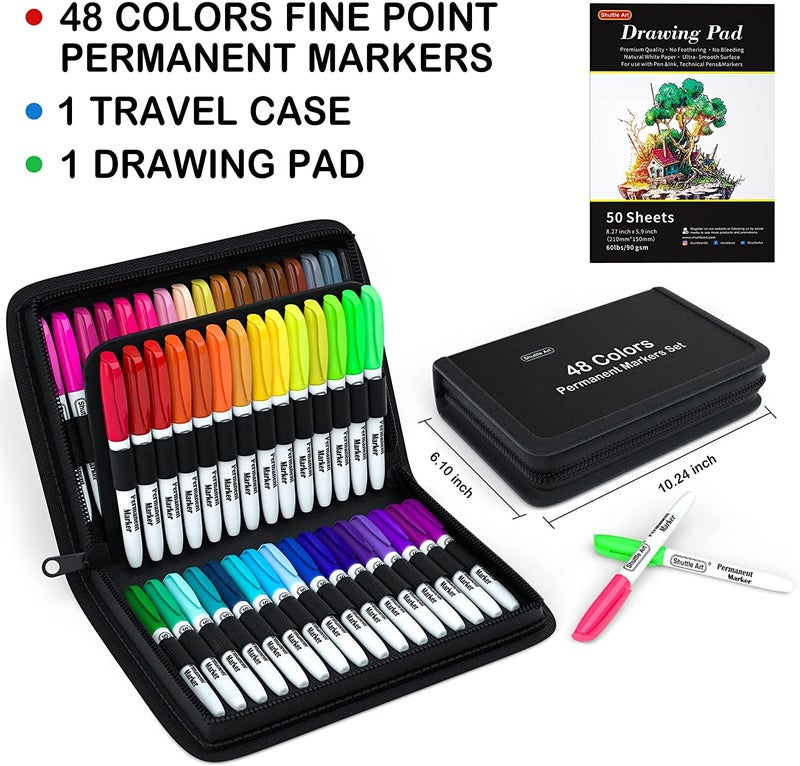 Shuttle Art Permanent Markers, 48 Colors Fine Point, Assorted Colors with Travel Case, Ideal for Adults Coloring Doodling on Plastic, Glass, Wood and Stone, Gift for Kids - Image 2